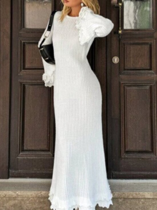 White Elegant Women's Long Sleeve Crew Neck Flare Cuff Sweater Dress - Picture 5 of 5